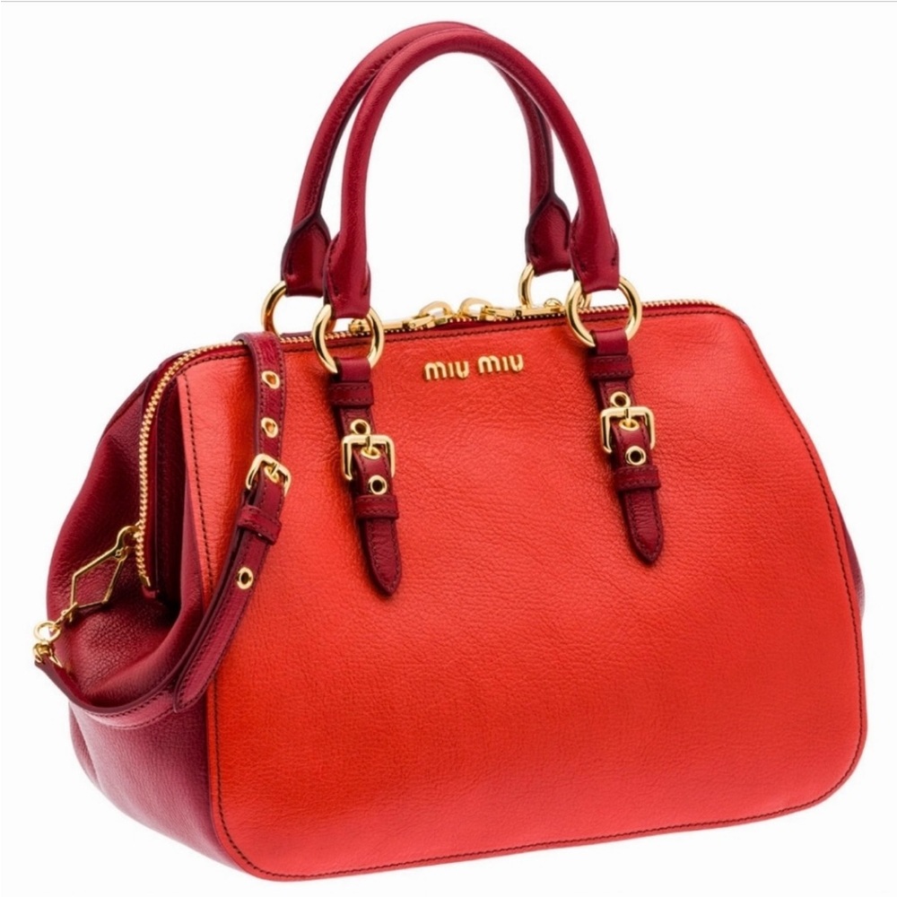 Rare  MIU MIU Goatskin Madras Bauletto Bicolour in Red & Orange 2 Way bag